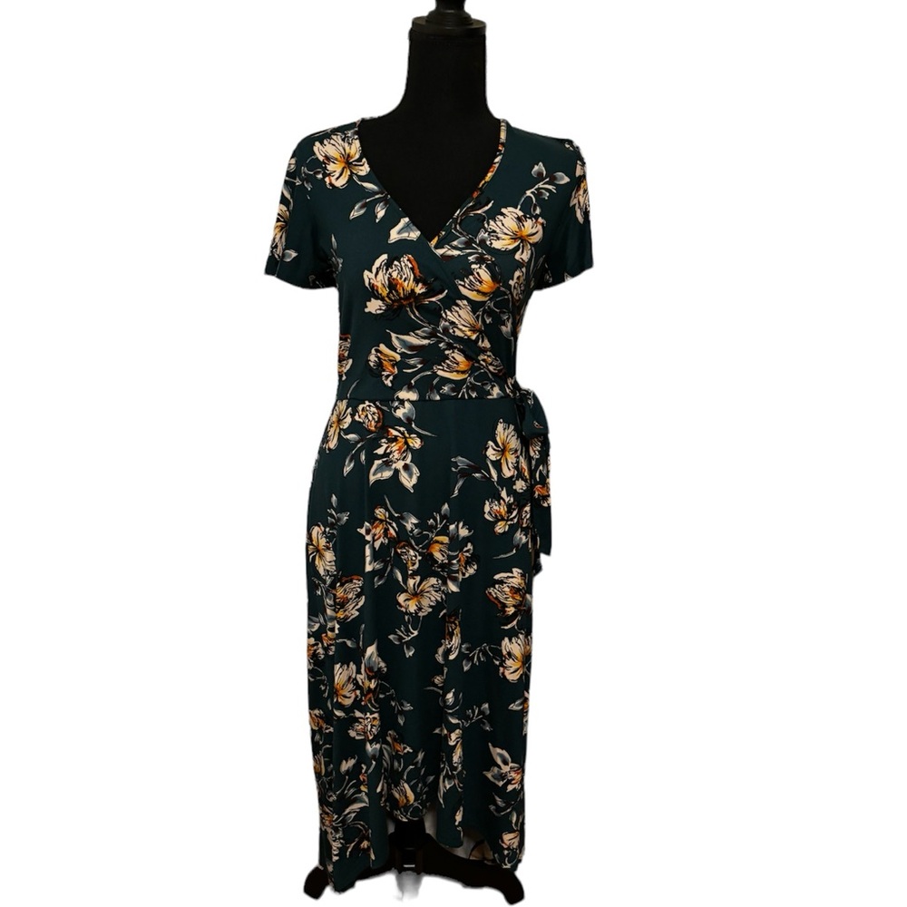 Flattering, Dark Green and Floral Wrap Dress, Size M, Fortune+Ivy